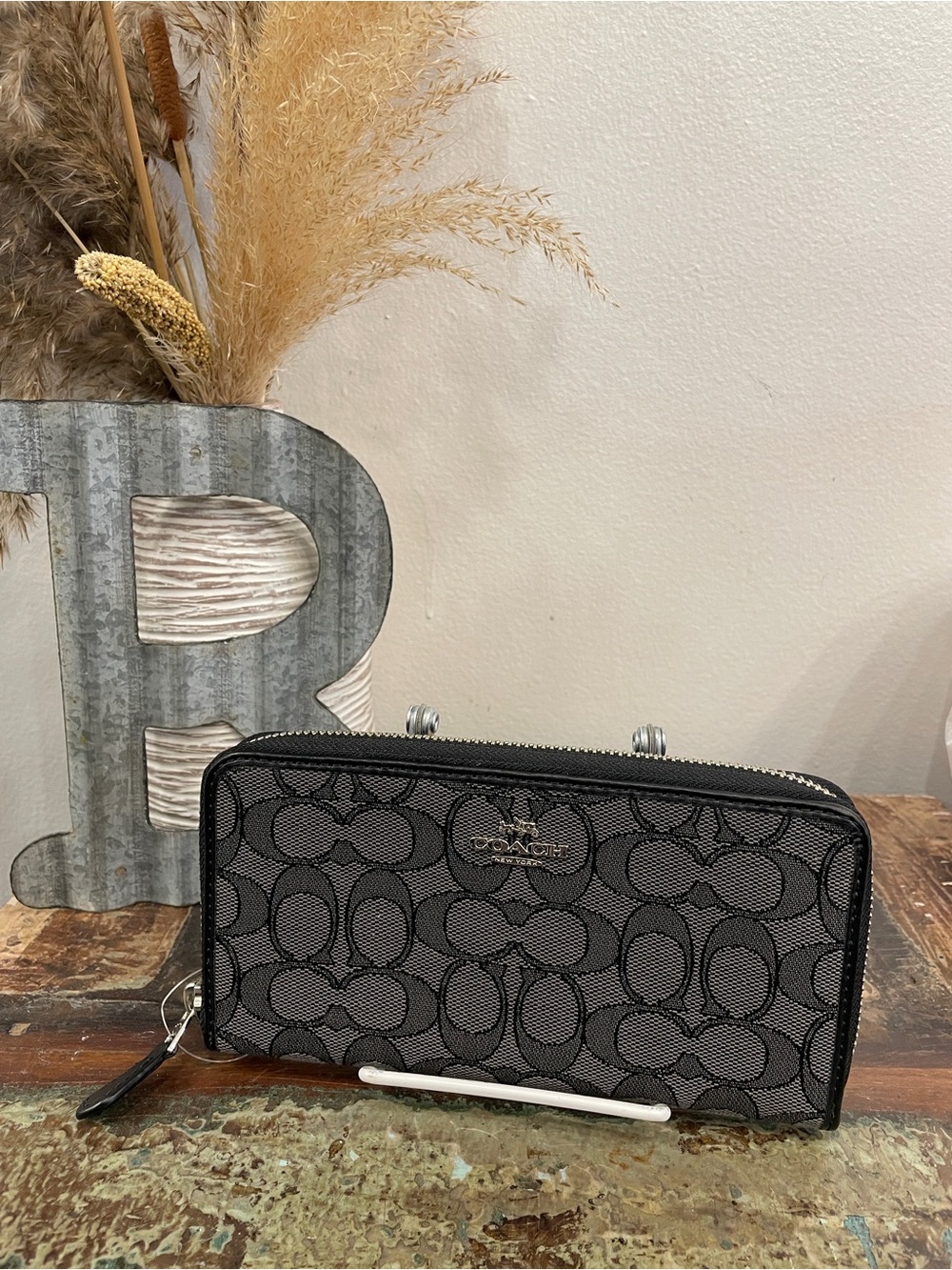 Coach Black Signature Jacquard Zip Wallet